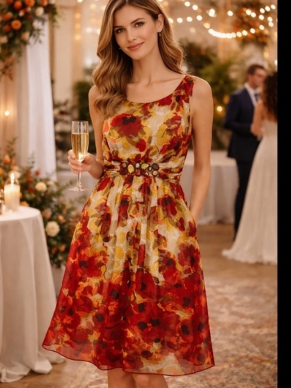Adrianna Papell Beaded Waist 100% Silk Chiffon Floral Midi Dress Size 10